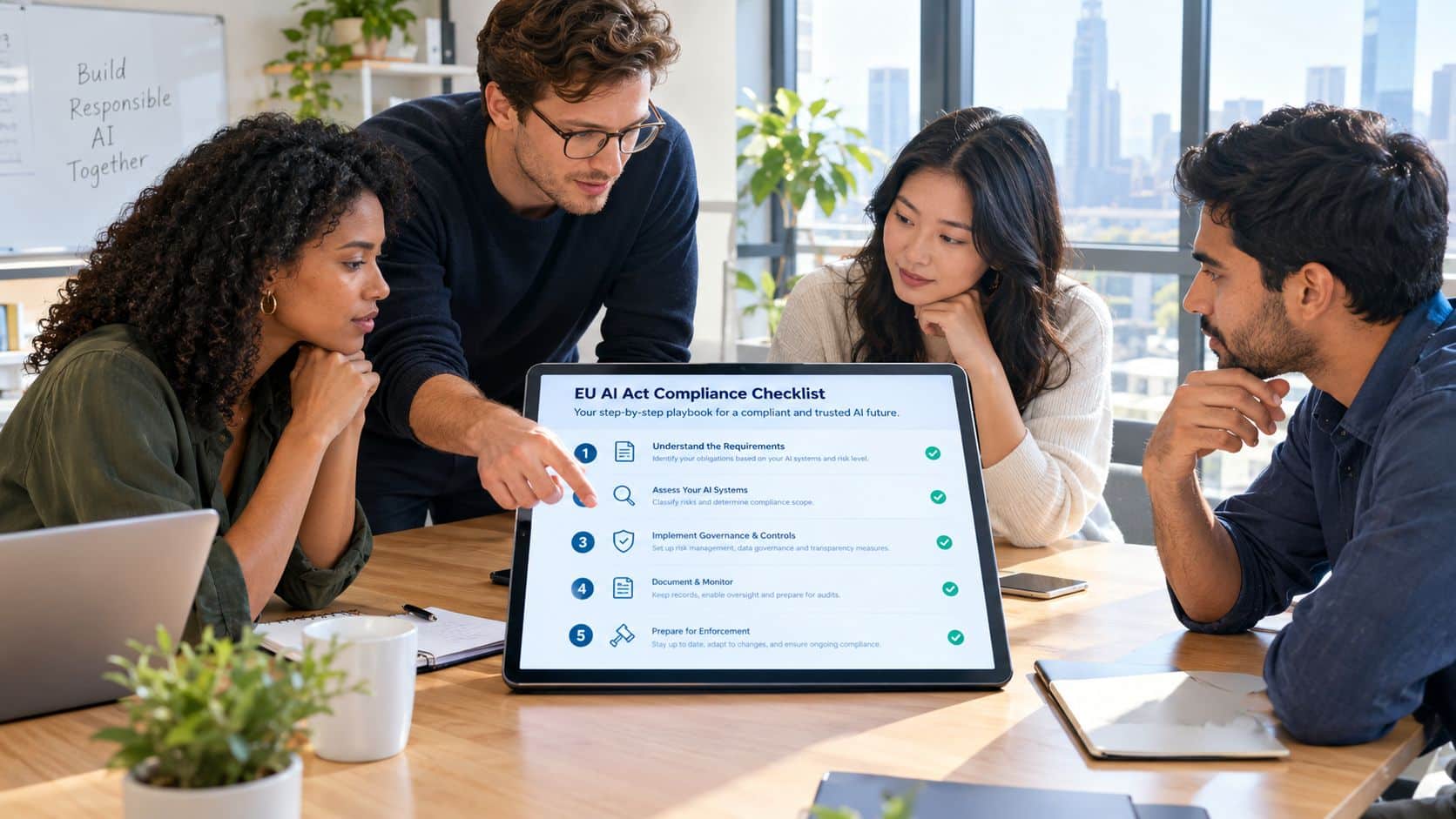 A diverse team collaborating in a modern office, reviewing an EU AI Act compliance checklist on a screen.
