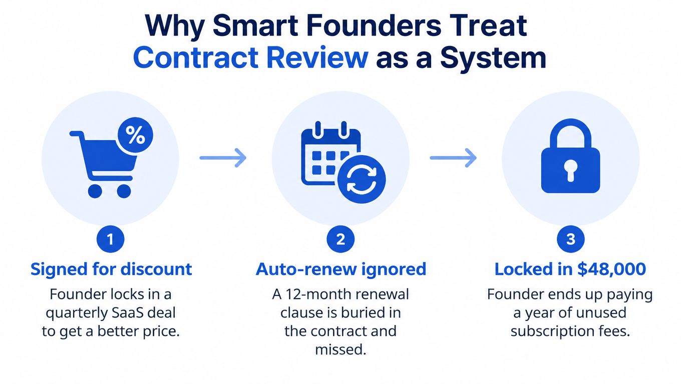 A three-step diagram illustrating the risks of ignoring auto-renewal clauses in business SaaS contracts.