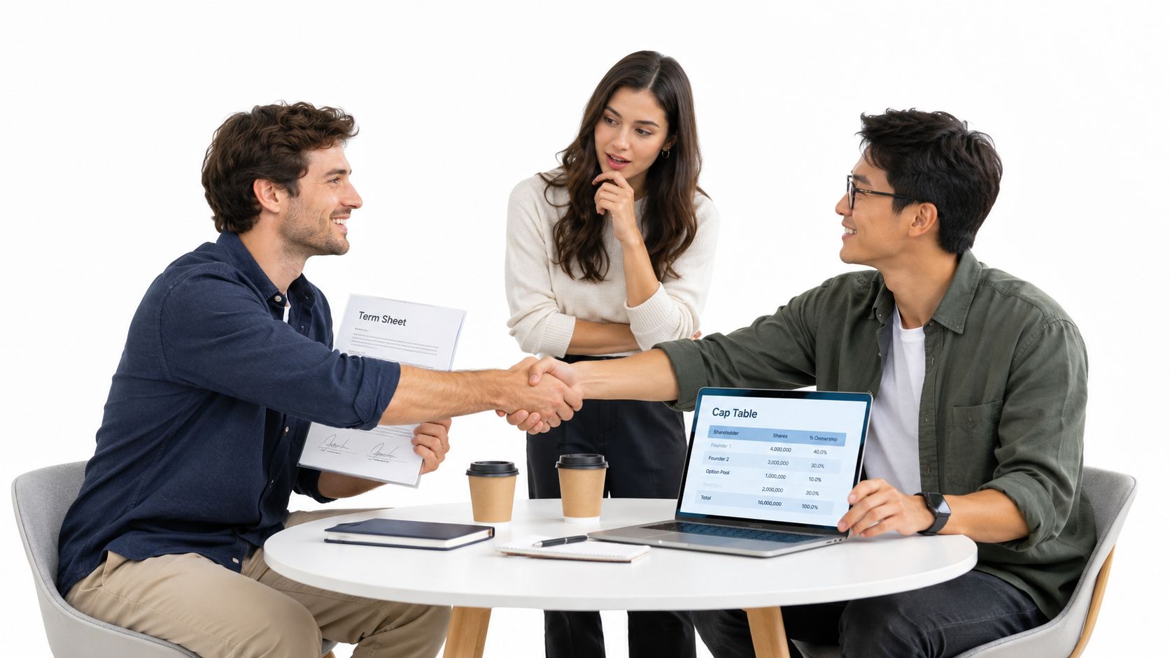 Three business professionals shaking hands over a table with a term sheet and a cap table laptop.