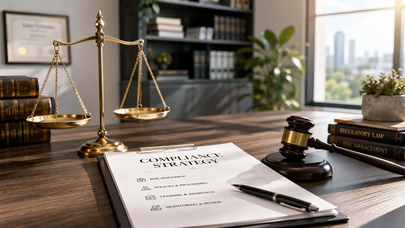 A professional legal desk featuring a compliance strategy document, scales of justice, and a wooden judge gavel.