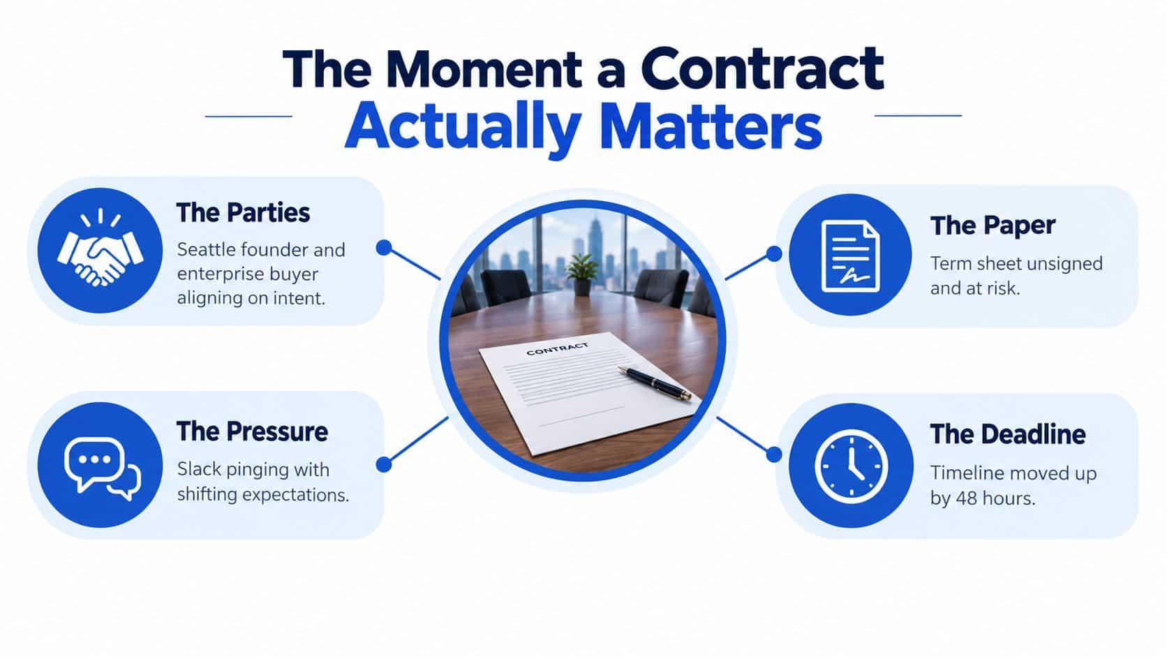 A business concept graphic titled The Moment a Contract Actually Matters with four key icons detailing contract negotiation risks.