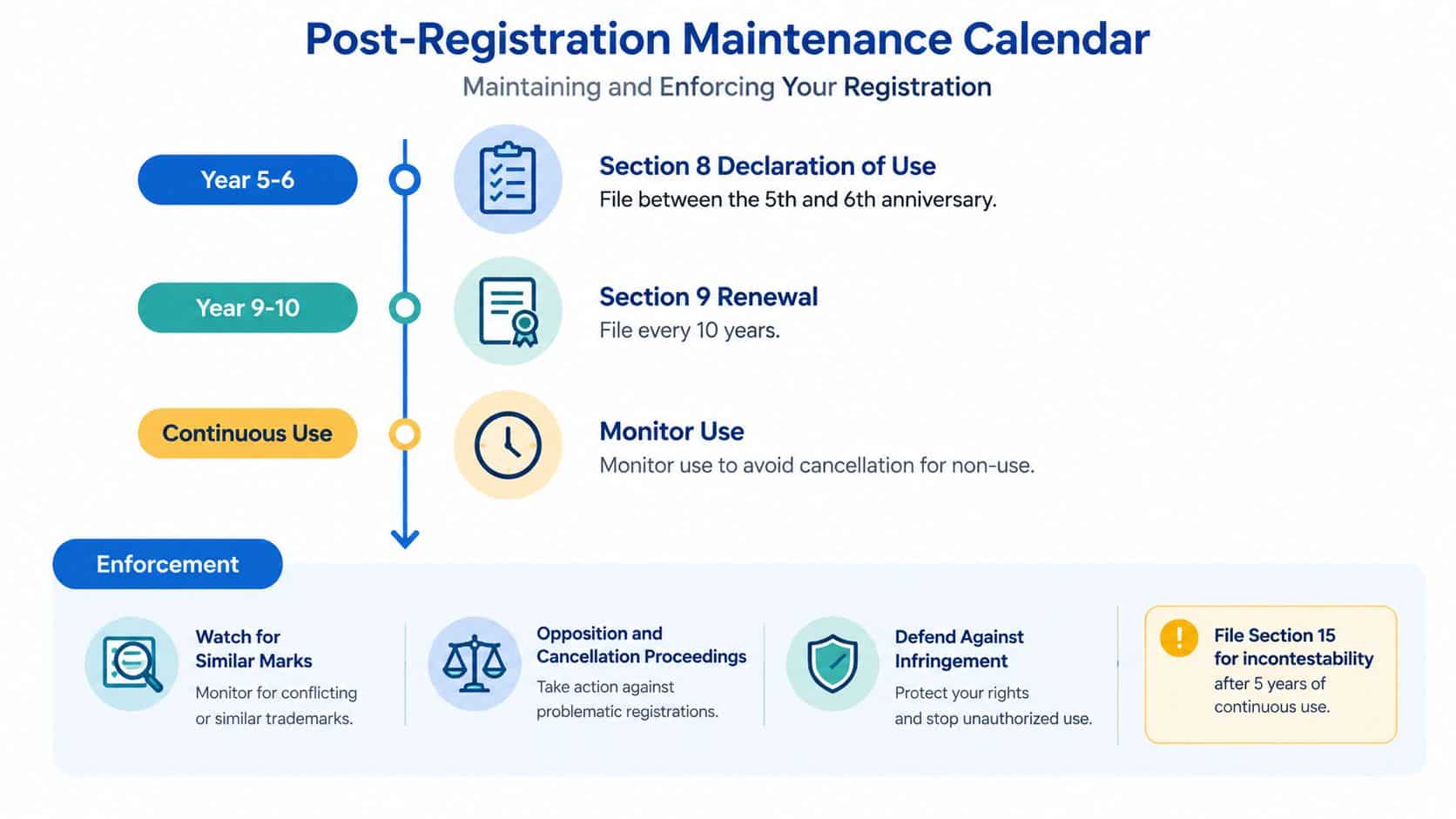 A visual timeline outlining the essential steps for post-registration trademark maintenance, renewal, and legal enforcement.