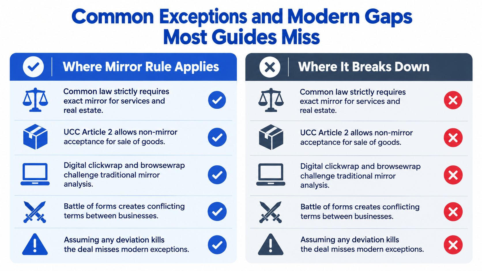 A comparison chart outlining common exceptions and modern gaps concerning the legal mirror image rule in contract law.