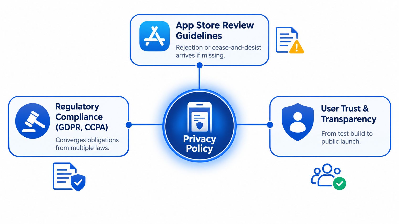 A diagram illustrating how a privacy policy ensures regulatory compliance, app store guideline adherence, and user trust.
