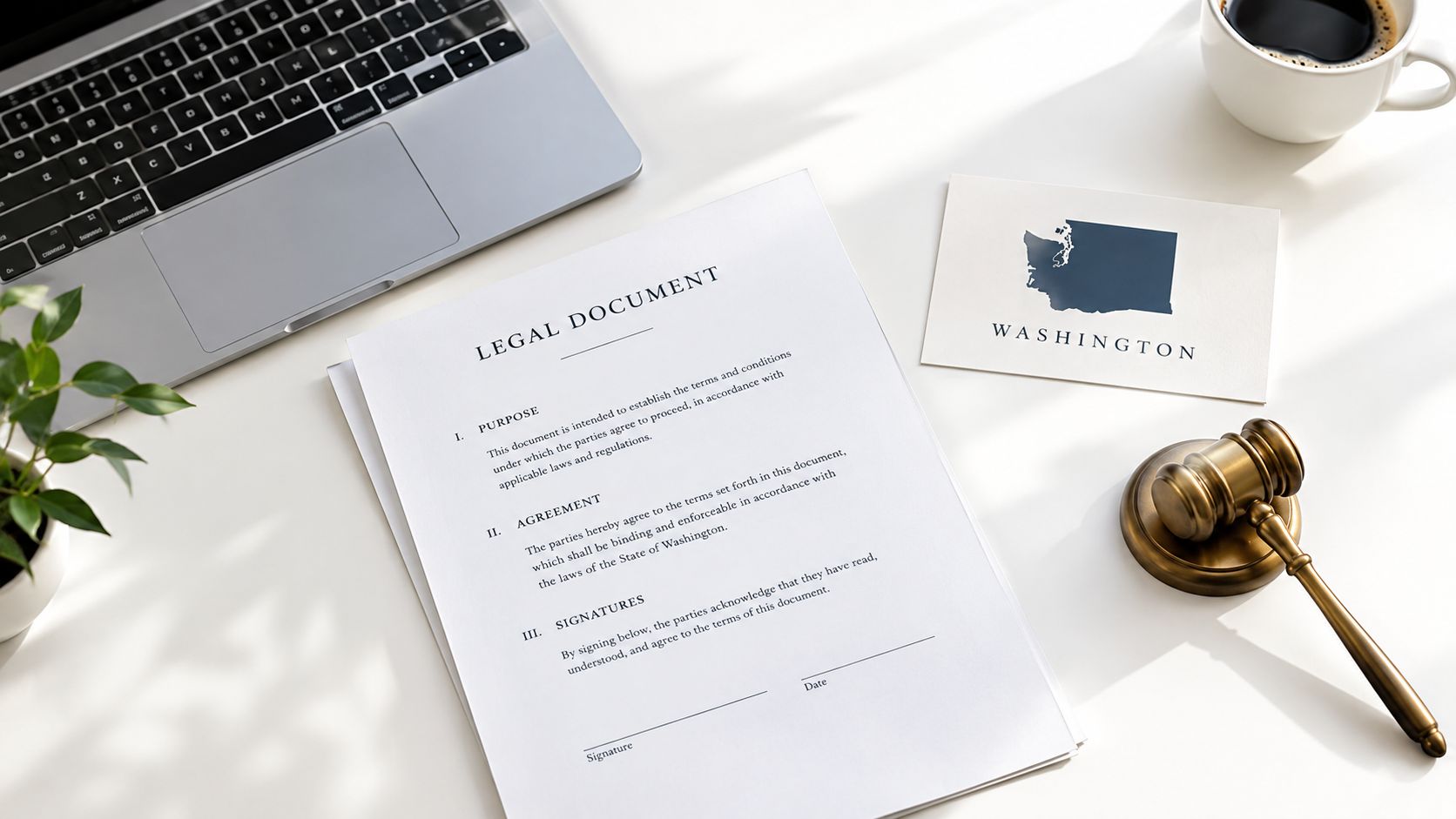 A professional legal document on a desk featuring a laptop, a gavel, and a Washington state card.
