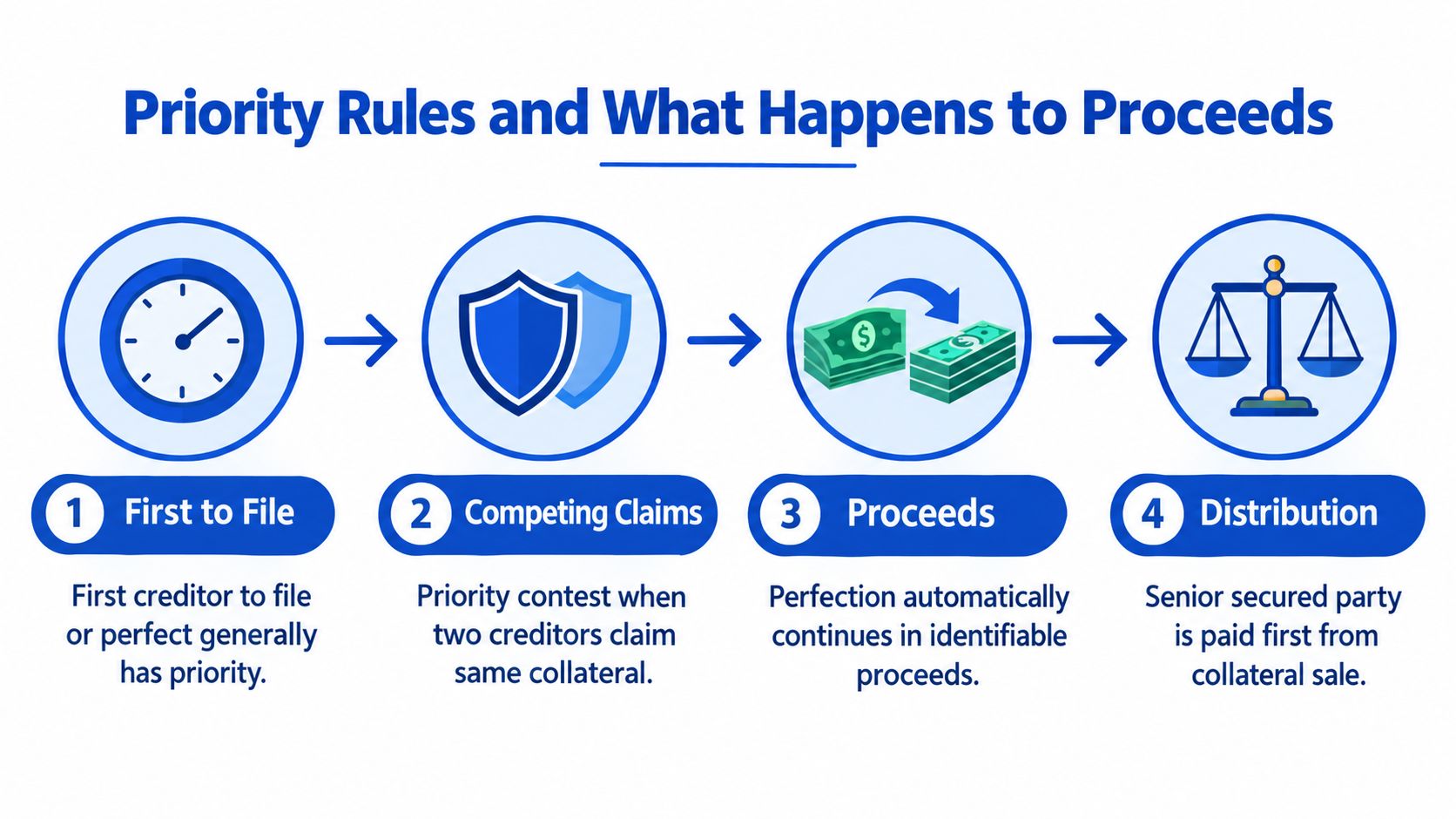 A four-step infographic explaining priority rules for creditors regarding security interests and collateral proceeds distribution.
