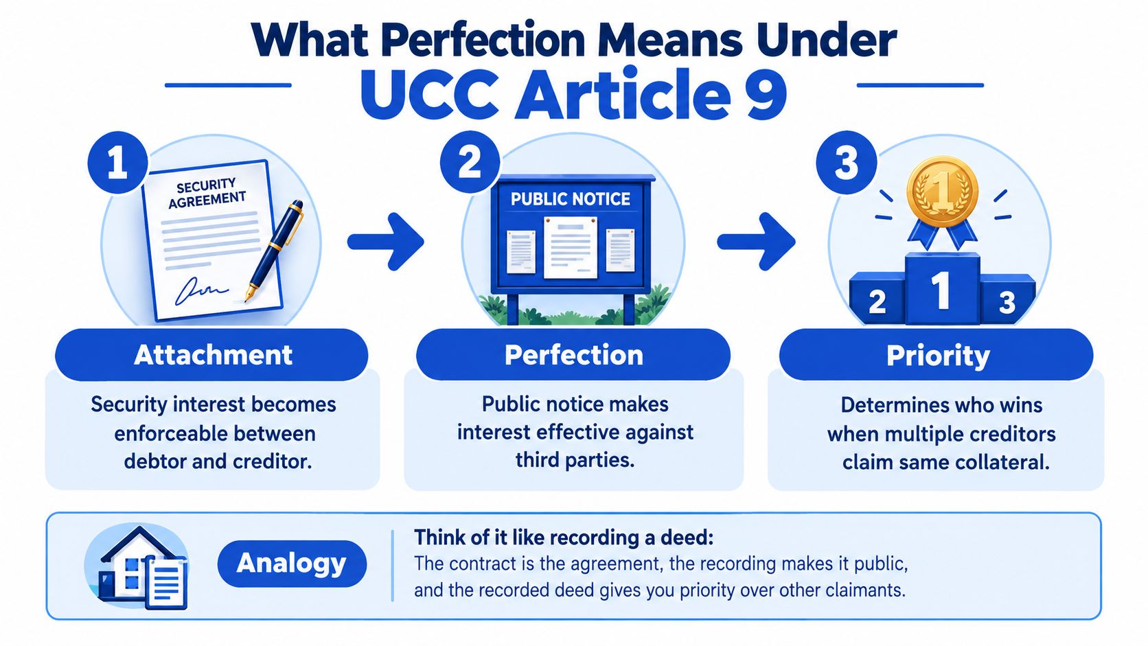 A diagram illustrating the three steps of UCC Article 9: Attachment, Perfection, and Priority, with a real estate analogy.