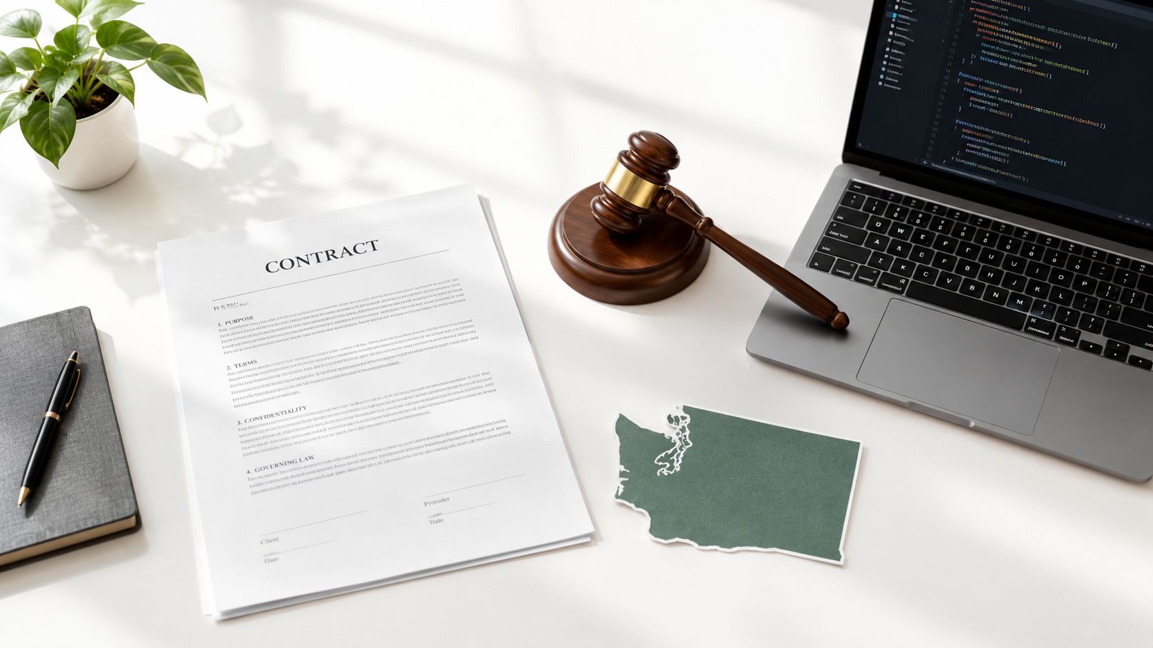 A gavel, a legal contract, a laptop showing code, and a map of Washington on a desk.