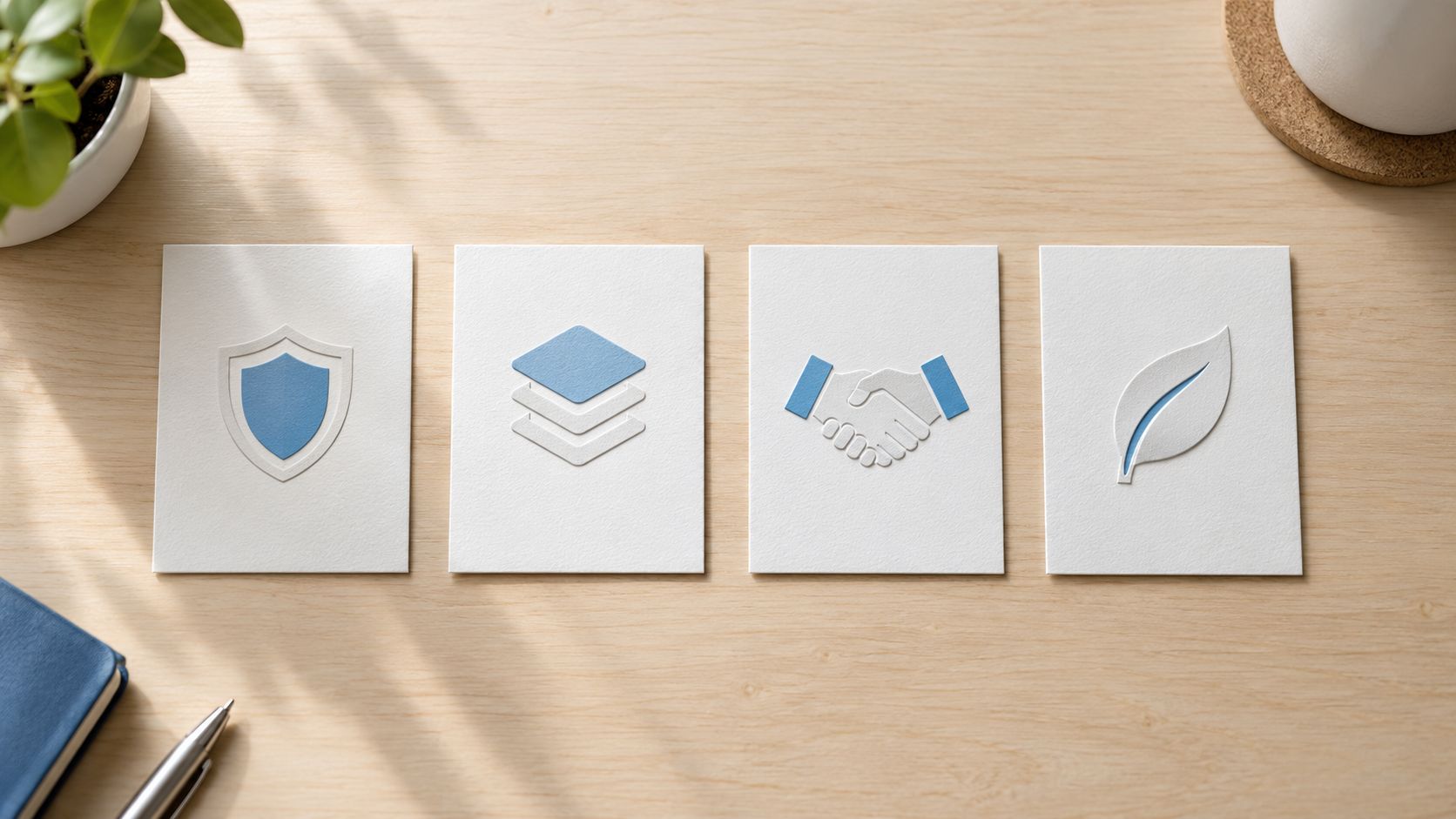Four cards on a wooden desk featuring icons for security, data layers, business partnership, and sustainability.