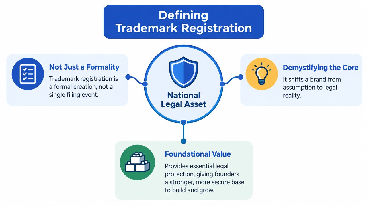 A diagram defining trademark registration as a national legal asset that provides foundation and legal security.