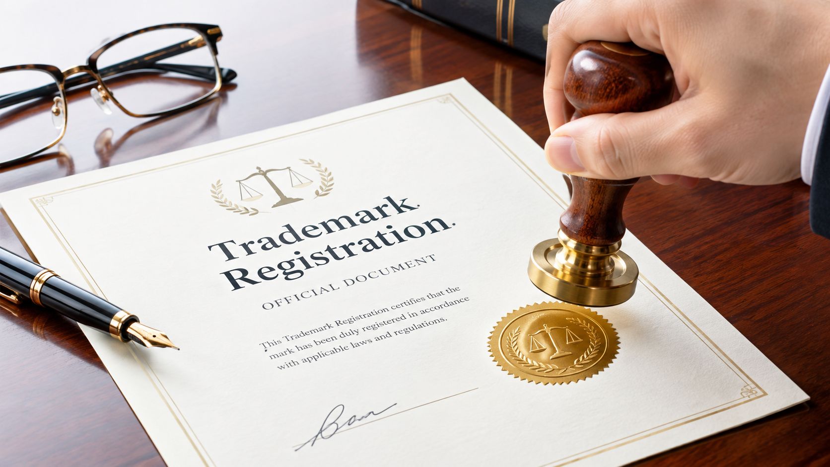 A hand using a rubber stamp to seal an official trademark registration document on a wooden desk.