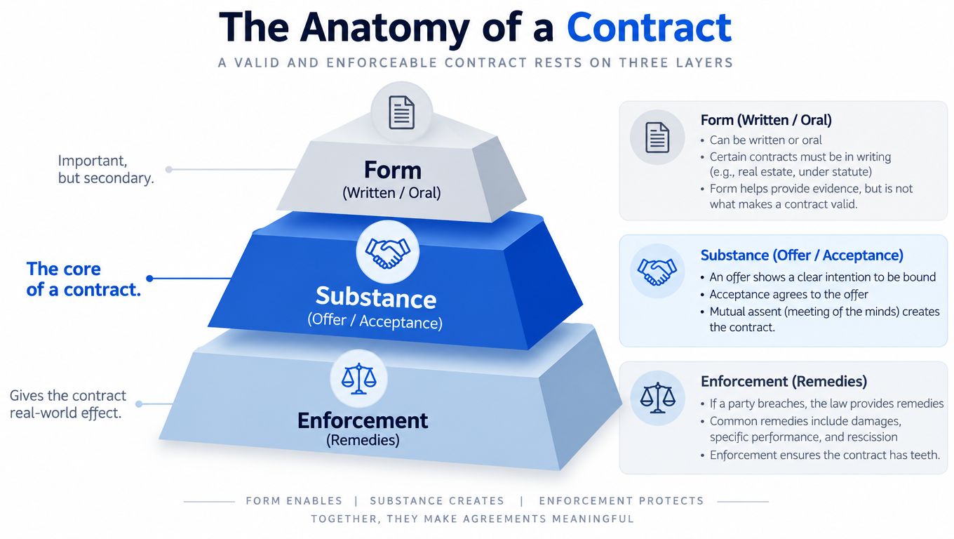 A diagram illustrating the three essential layers of a contract: form, substance, and enforcement.