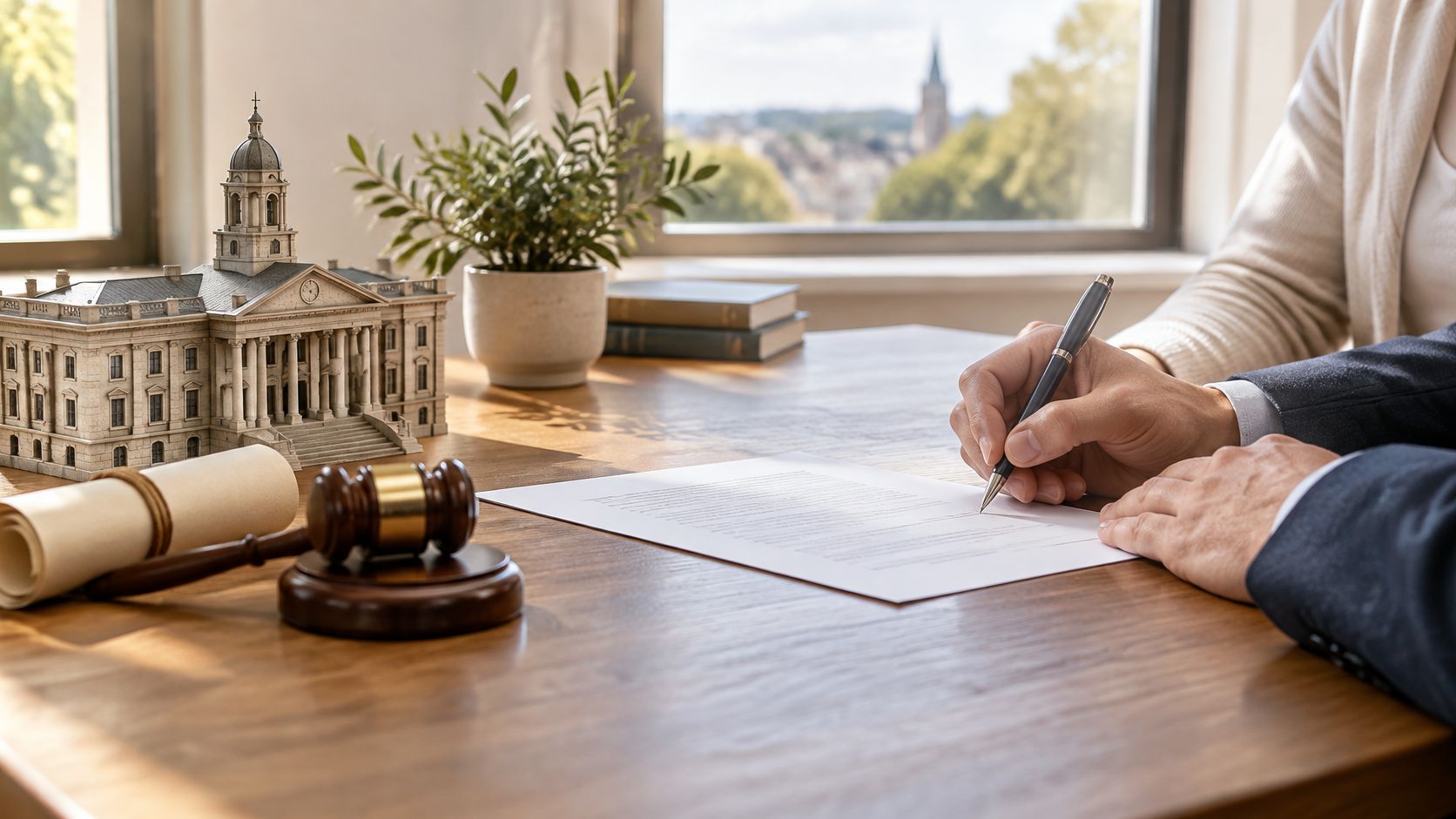 A professional in a suit signs a legal document on a desk featuring a model courthouse and gavel.