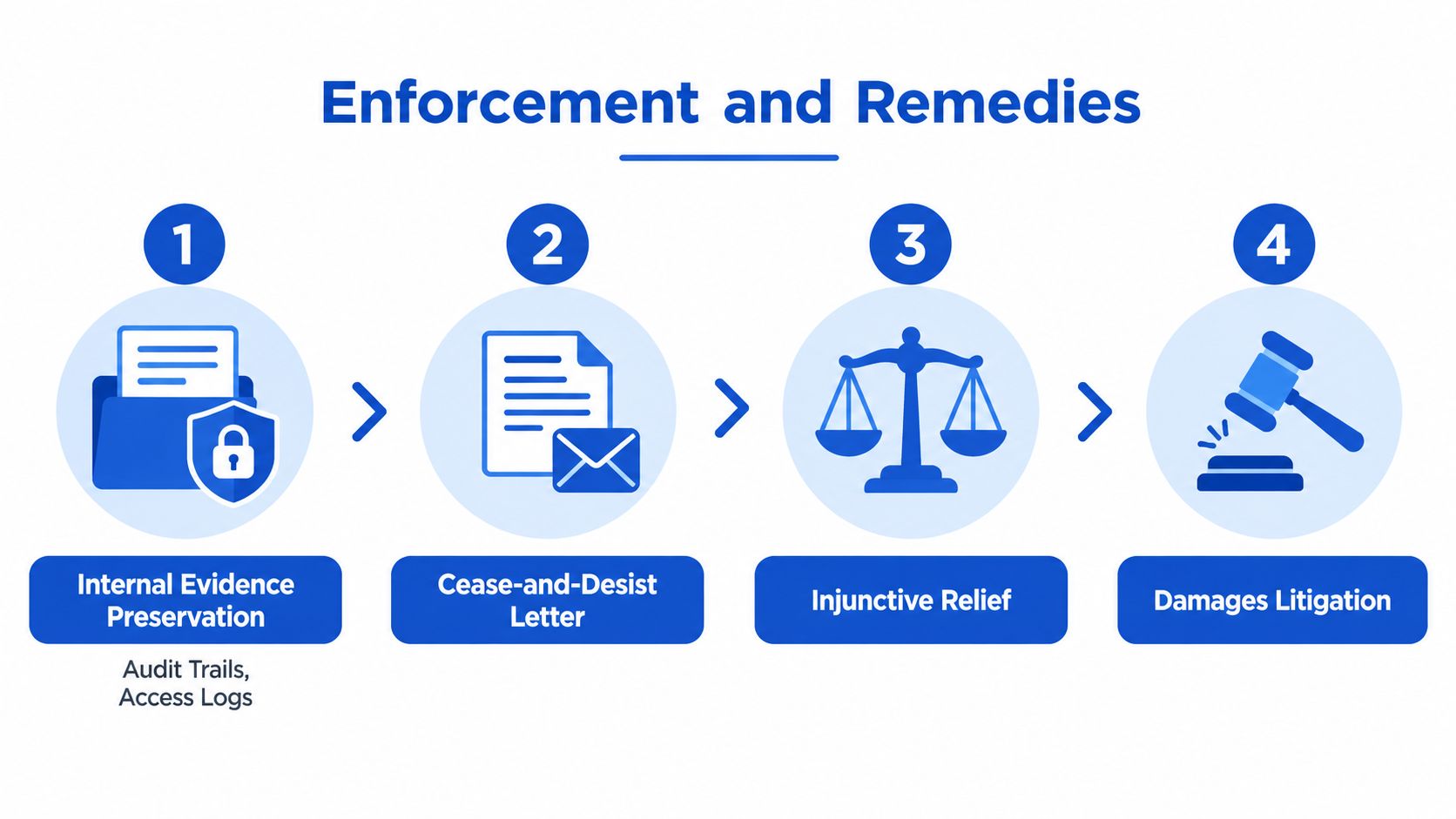 A four-step infographic illustrating the process of enforcement and remedies for confidentiality agreements, starting from evidence preservation to litigation.