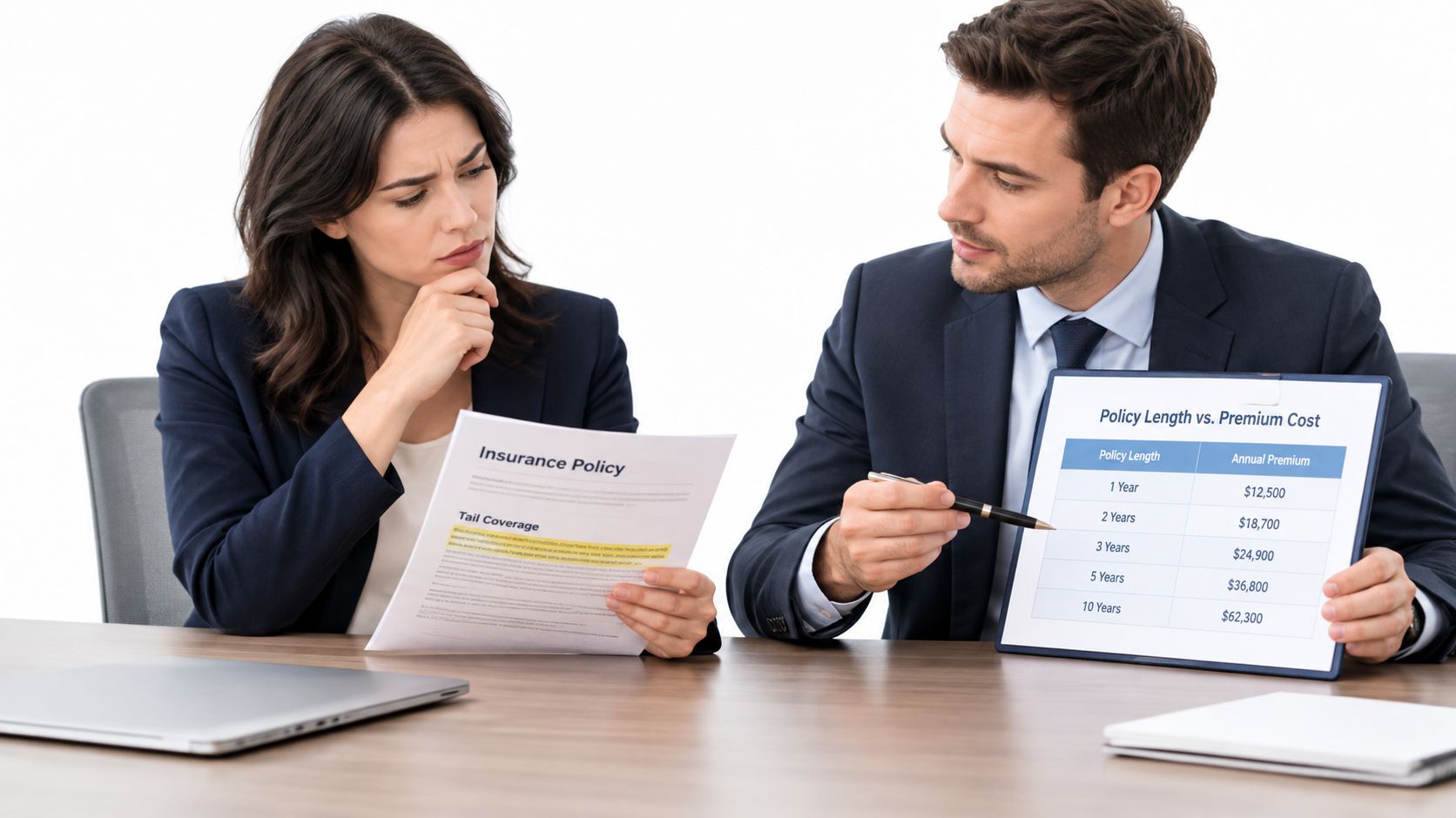A professional financial advisor reviewing an insurance policy document and premium cost chart with a female client.
