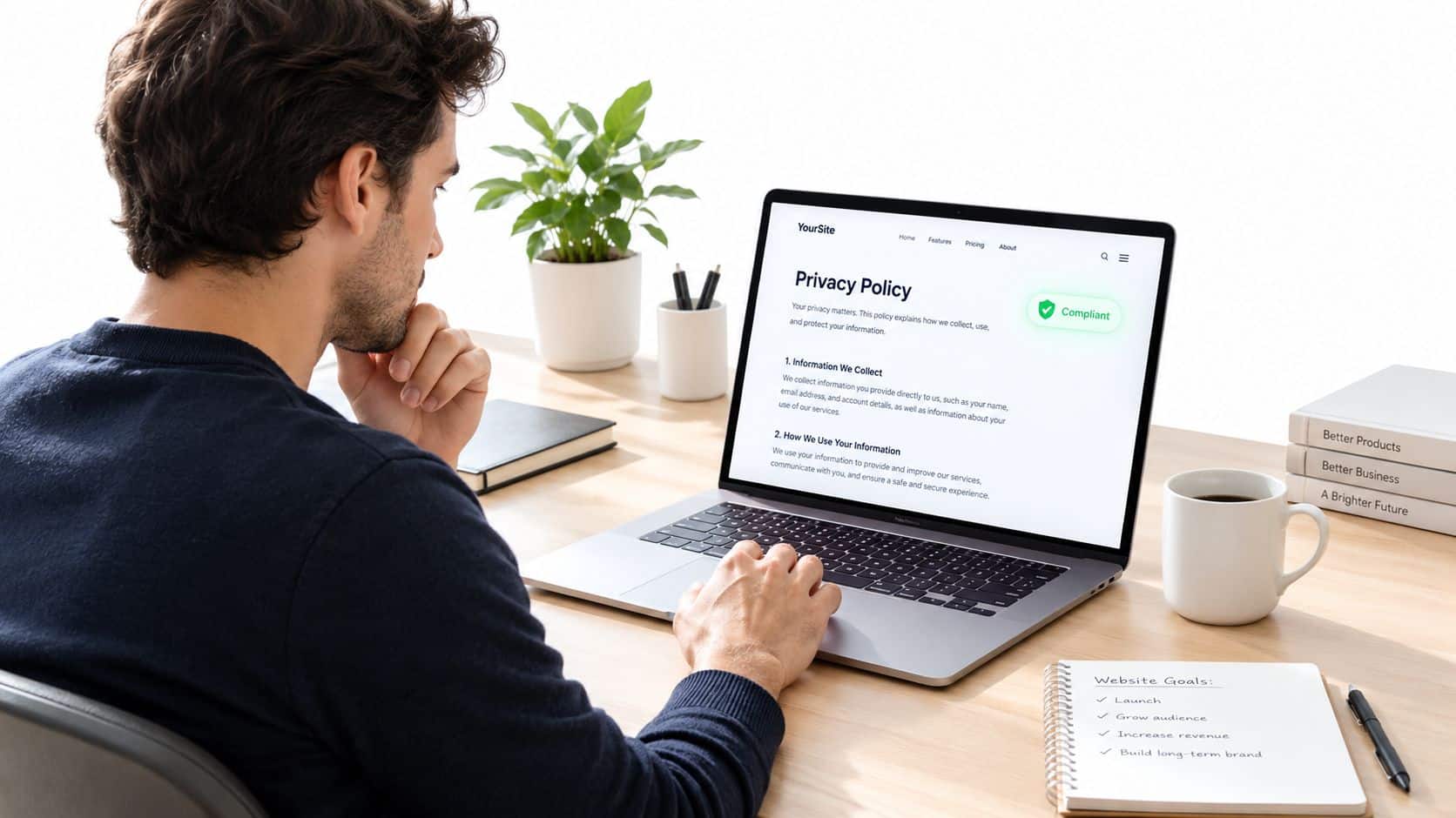 A man sits at a desk working on his laptop while reviewing a website privacy policy document.