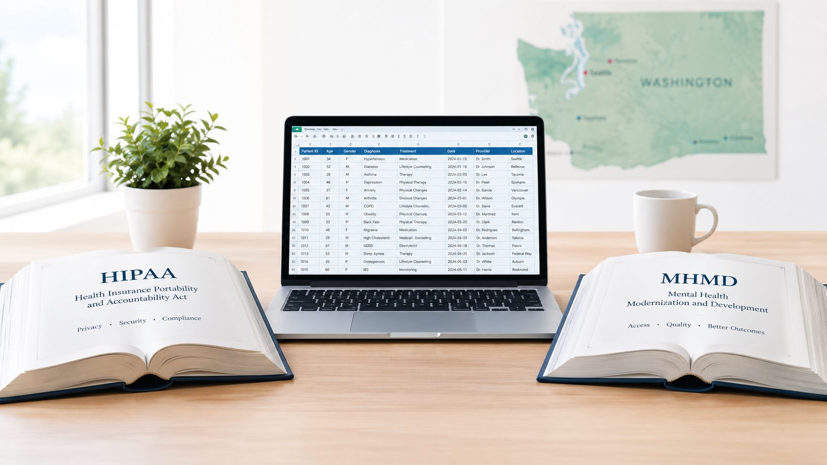 A wooden desk with a laptop displaying a medical spreadsheet between two open books about HIPAA and MHMD.