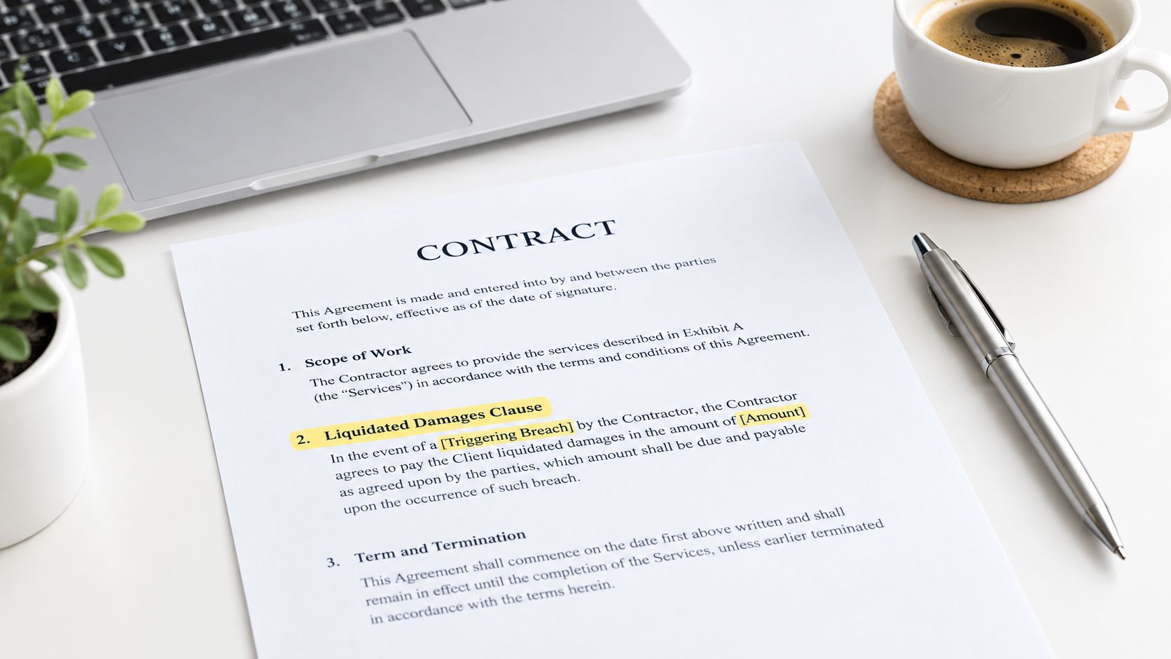 A printed contract with a highlighted liquidated damages clause placed on a white desk near a laptop.