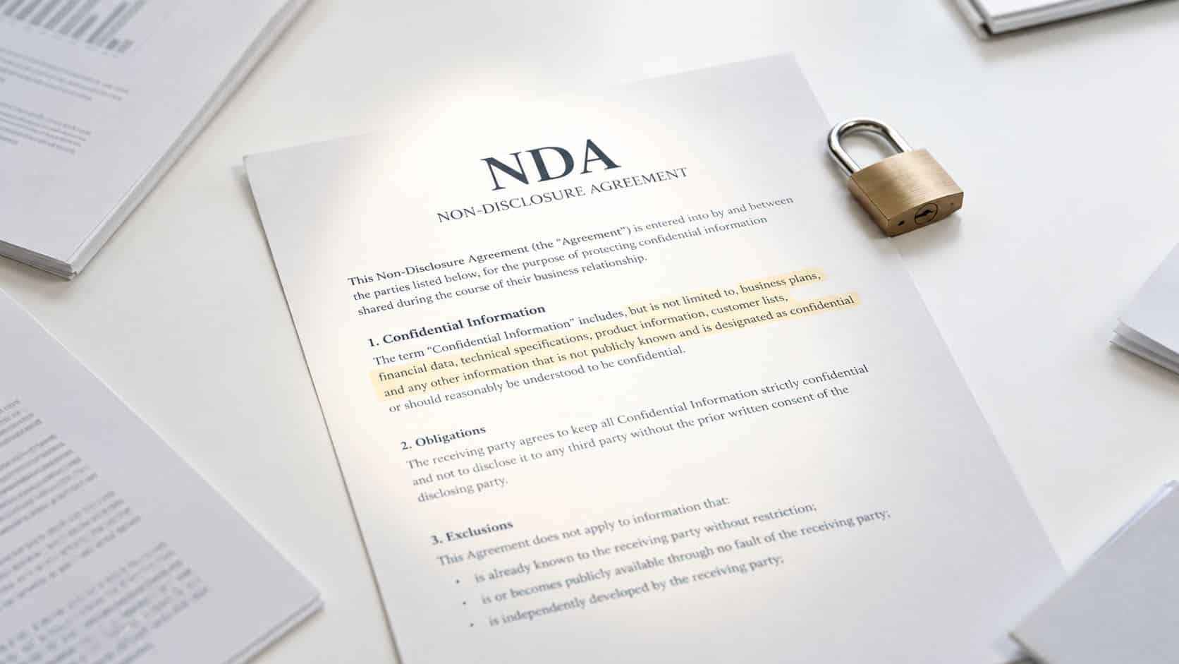 A printed non-disclosure agreement document resting on a desk with a small metal padlock placed beside it.