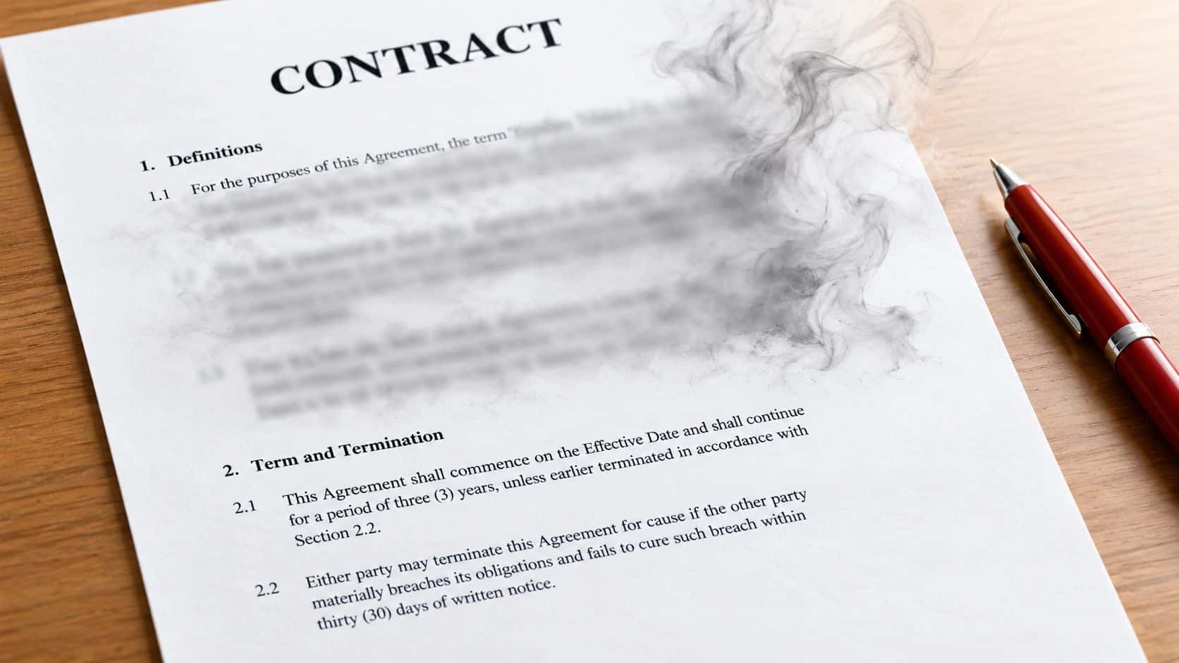 A printed legal contract on a desk with a red pen and stylized smoke rising from it.
