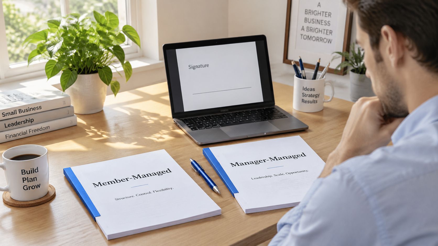 A professional analyzing operating agreement documents for a member-managed or manager-managed LLC structure at a desk.