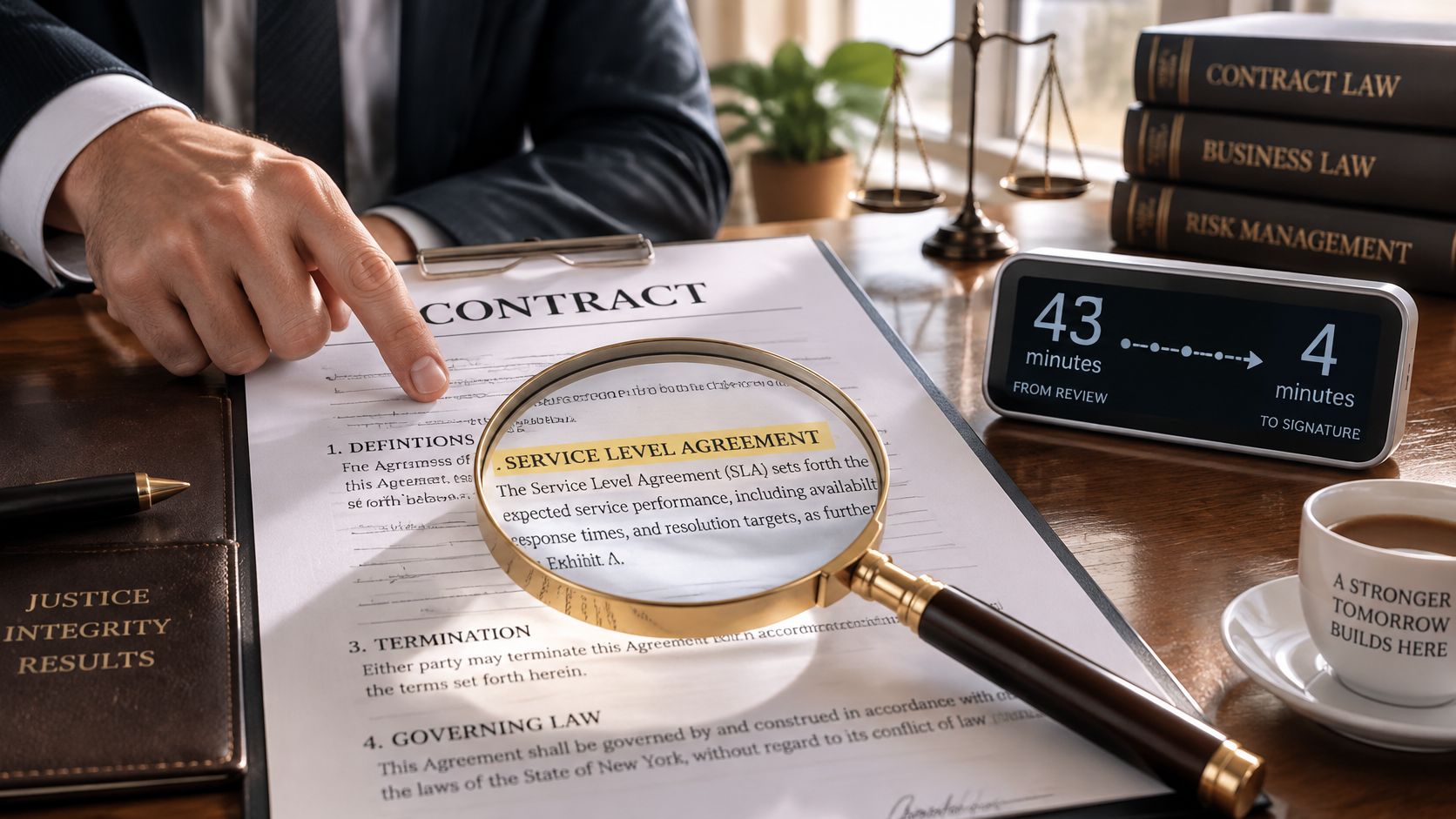 A legal professional reviews a service level agreement document with a magnifying glass in a law office.