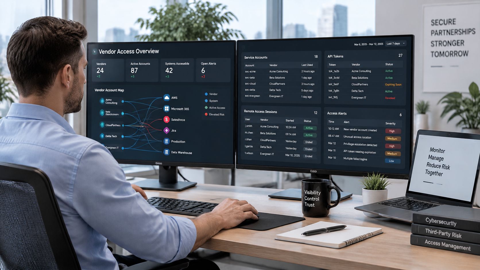 A professional working at a desk with dual monitors displaying third-party cybersecurity and vendor access management analytics.