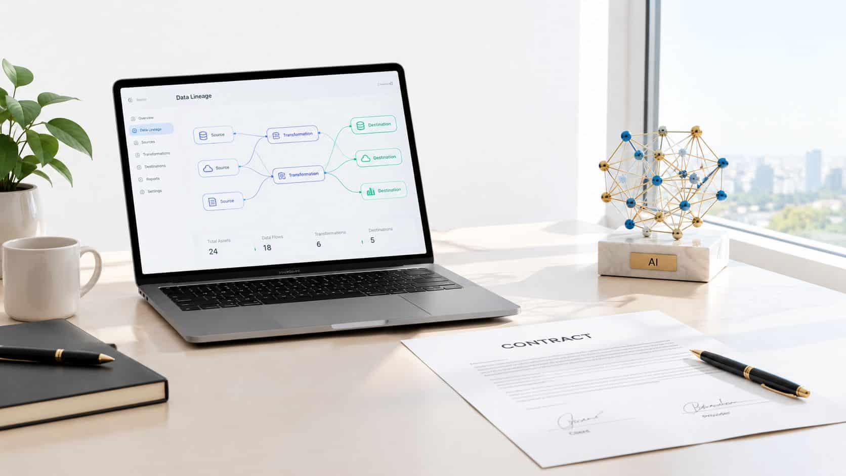 A modern workspace featuring a laptop showing data lineage, a contract, a plant, and an AI sculpture.