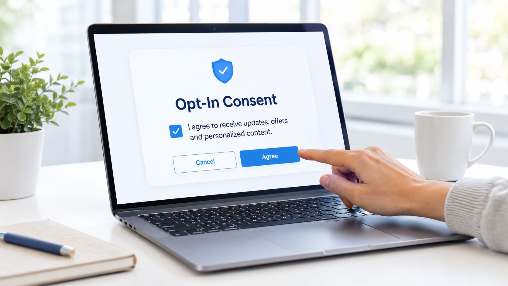 A person clicking the agree button on a laptop screen showing an opt-in consent form for data.