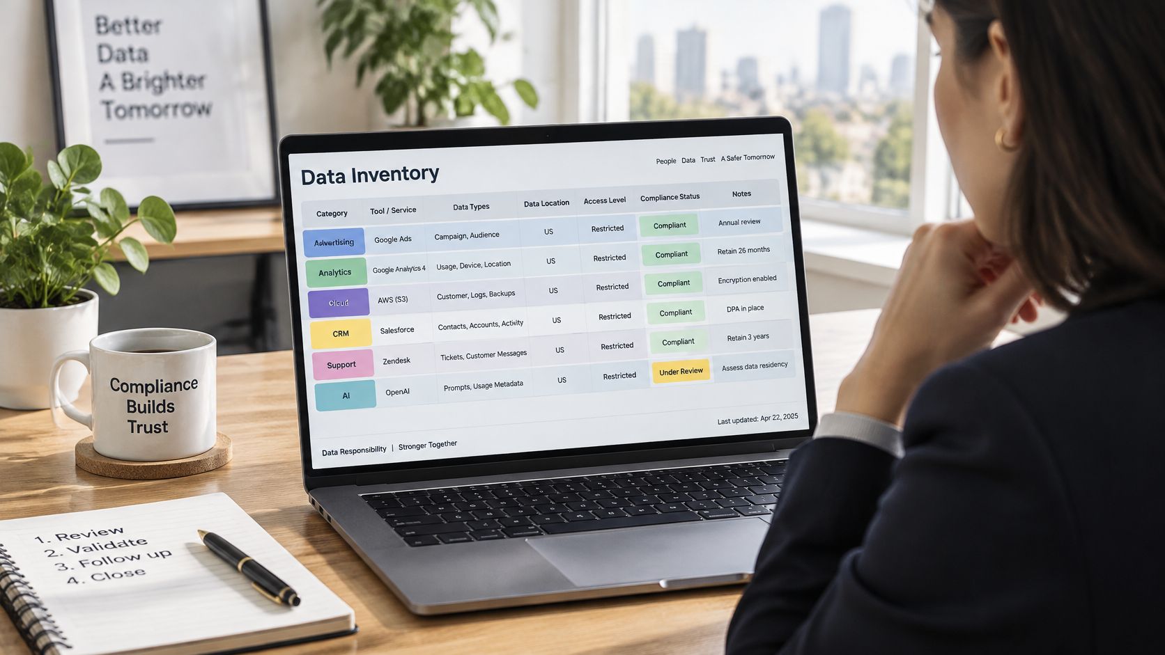 A professional working on a laptop displaying a data inventory compliance table in a bright modern office.