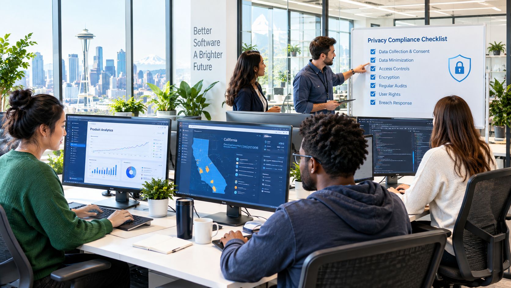 A diverse team of software professionals collaborating in a modern office with privacy compliance checklists on display.