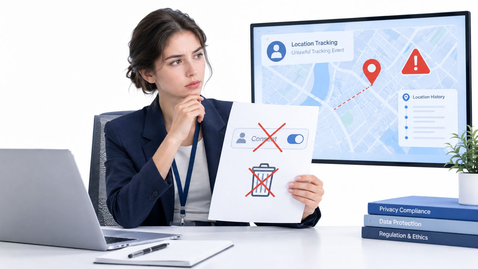 A professional woman looking concerned at a document about data consent and tracking violations in an office.