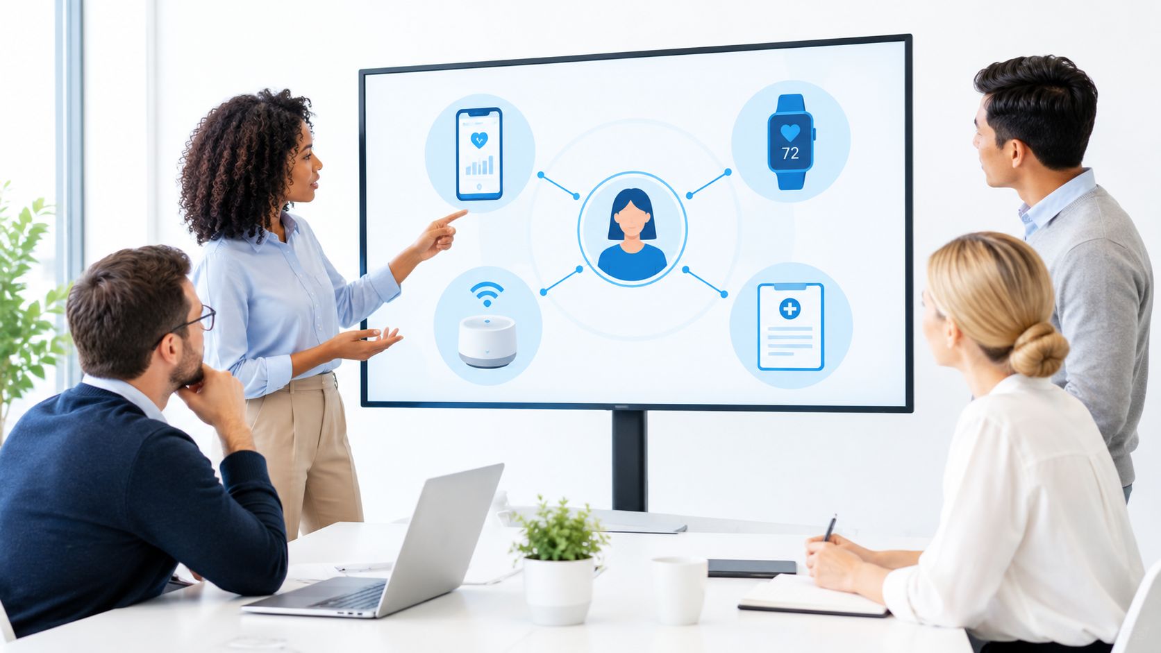 A professional team discussing health monitoring technology integration during a corporate boardroom meeting presentation.